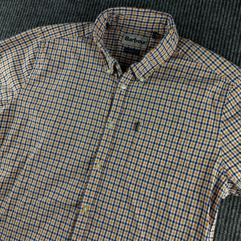 Barbour Newton Mens Tailored Fit Short Sleeve Button Down Shirt Orange Blue M